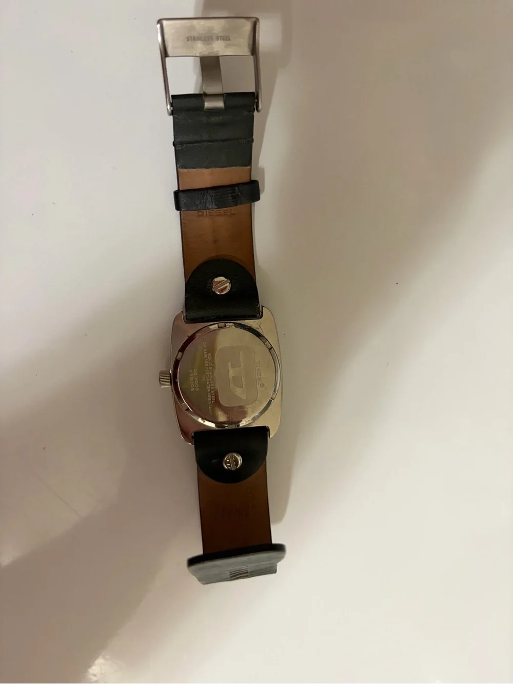 Diesel Black Leather Strap Watch with Silver Case and Olive Dial